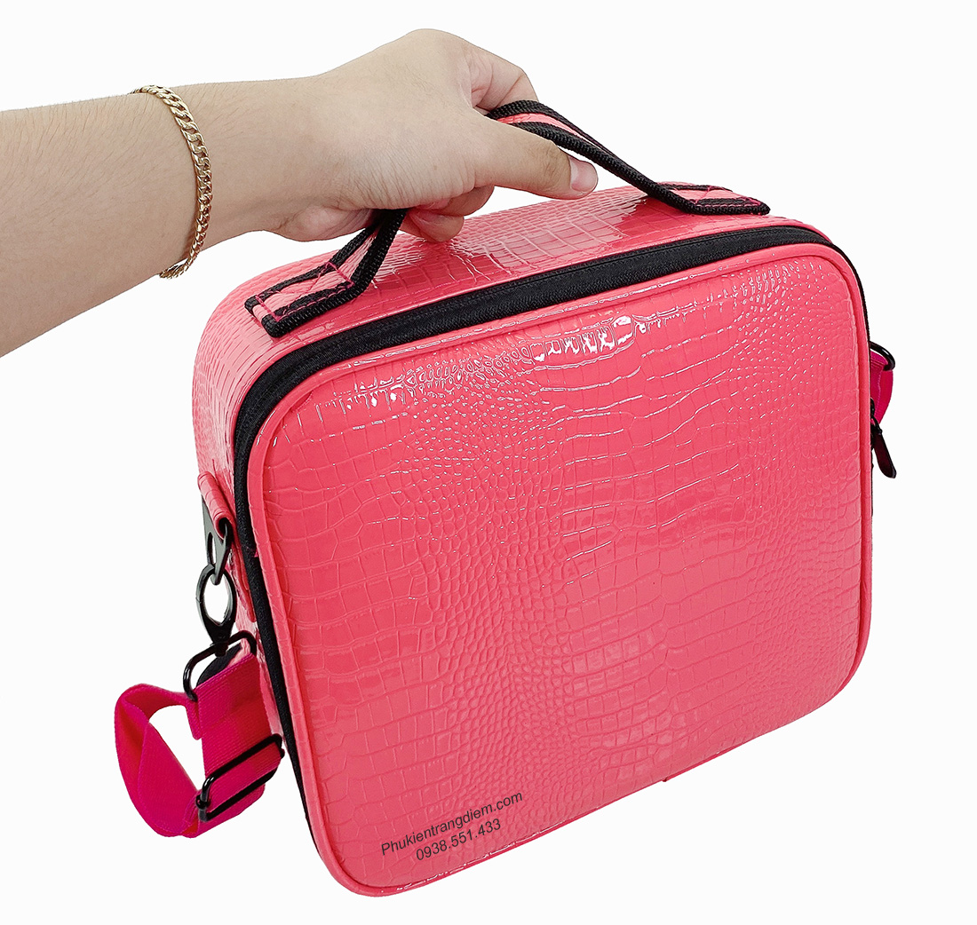 túi đựng mỹ phẩm cá nhân xách tay - du lịch vỏ gỉa da cá sấu - màu hồng