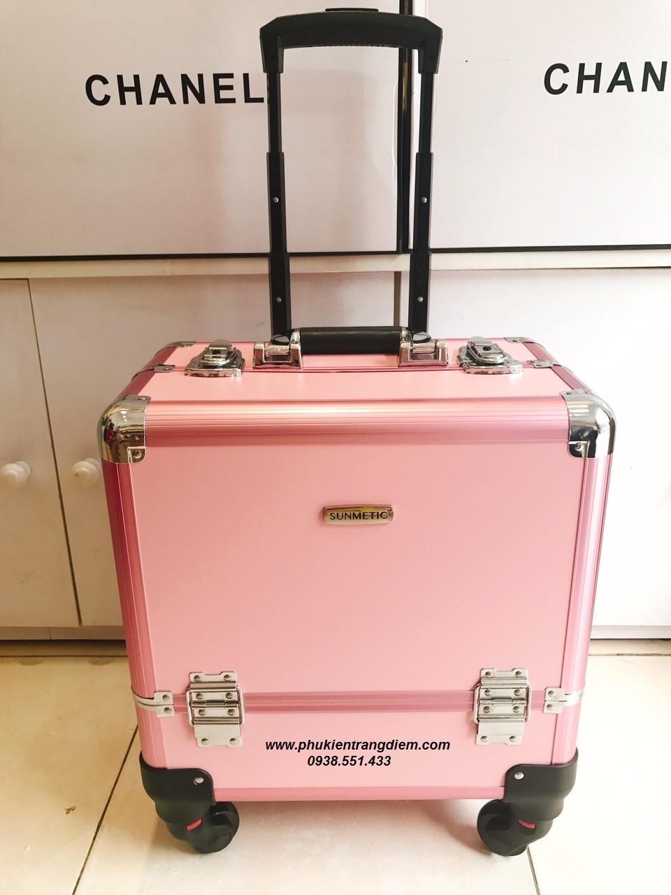 bán cốp trang điểm vali kéo màu hồng chuyên nghiệp cao cấp có bánh xe