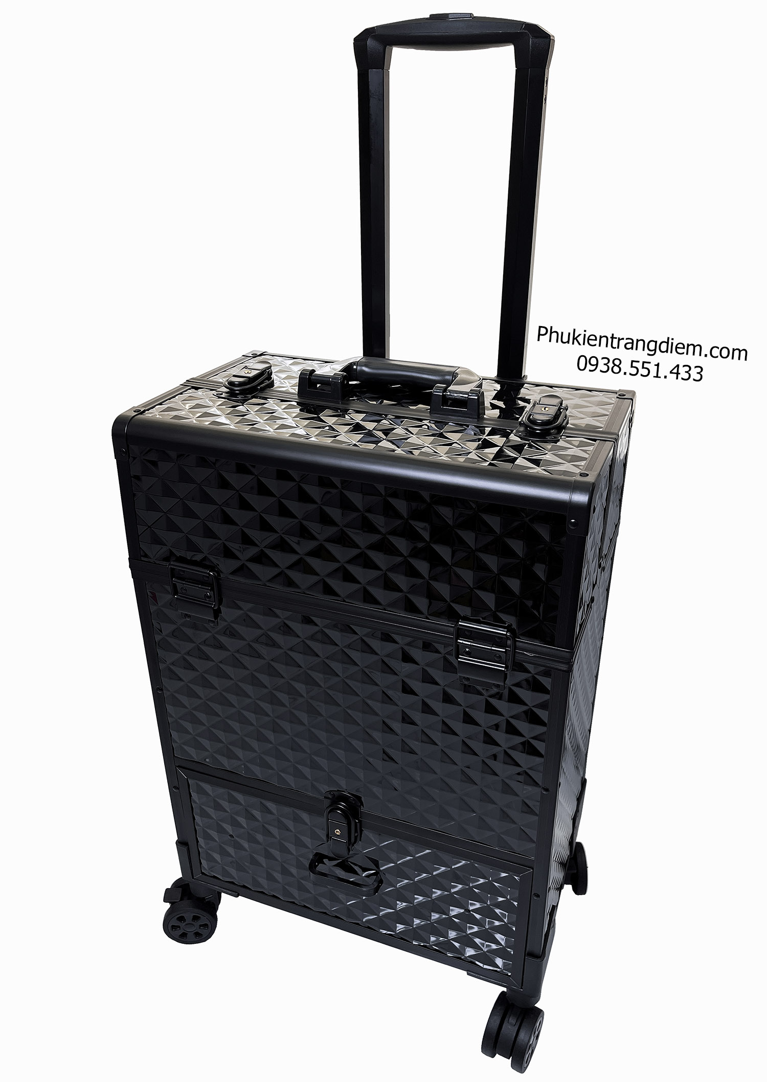 vali cốp kéo đựng đồ trang điểm chuyên nghiệp nhiều ngăn vỏ nhôm vân kim cương cao cấp