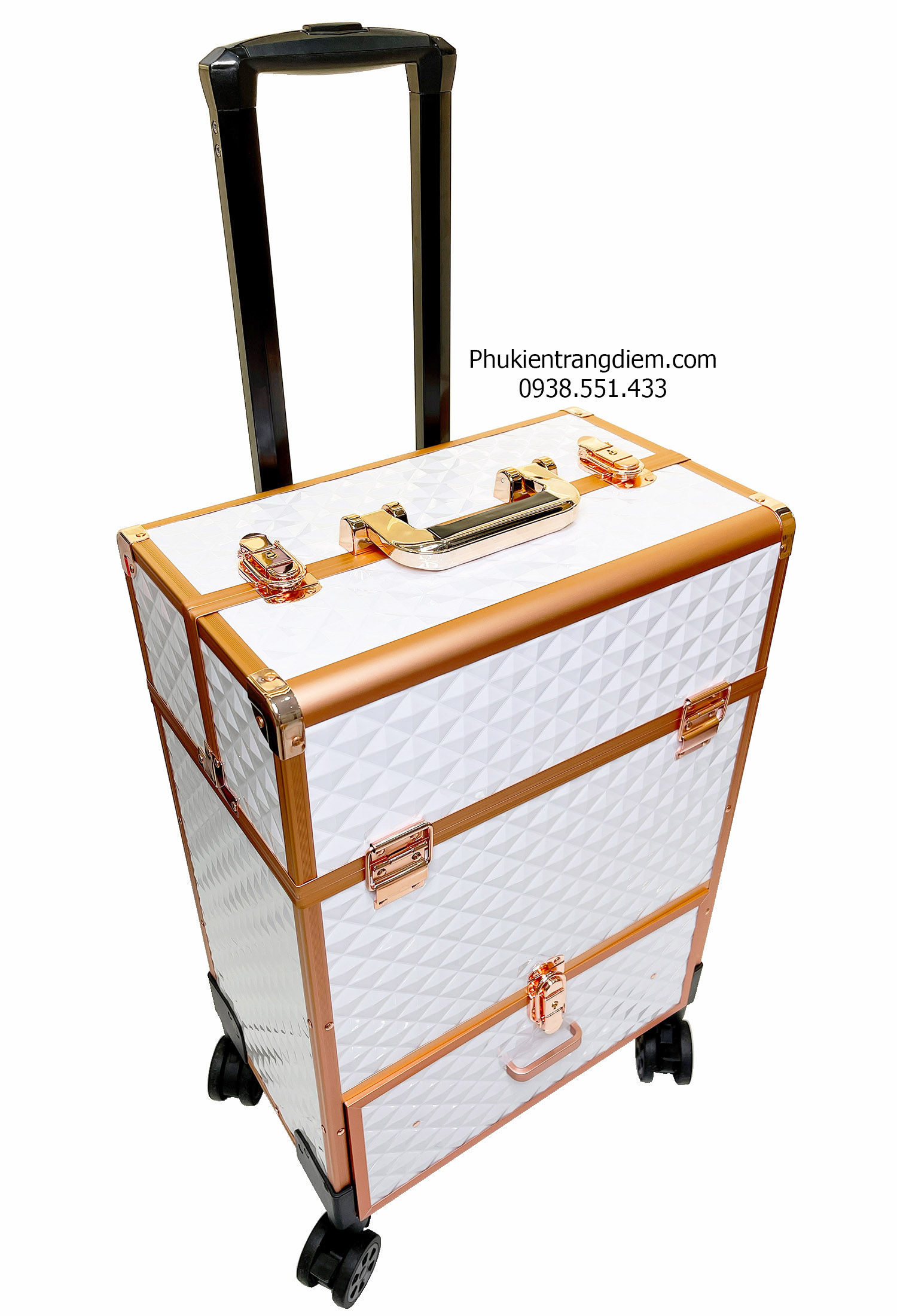 vali cốp kéo đựng đồ trang điểm chuyên nghiệp nhiều ngăn vỏ nhôm vân kim cương cao cấp