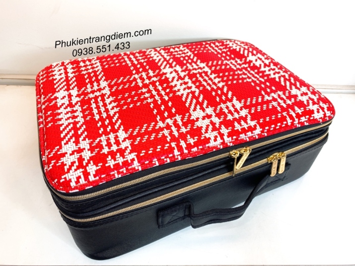 cốp vali da trang điểm màu sọc carô chống nước có ngăn đựng máy làm tóc