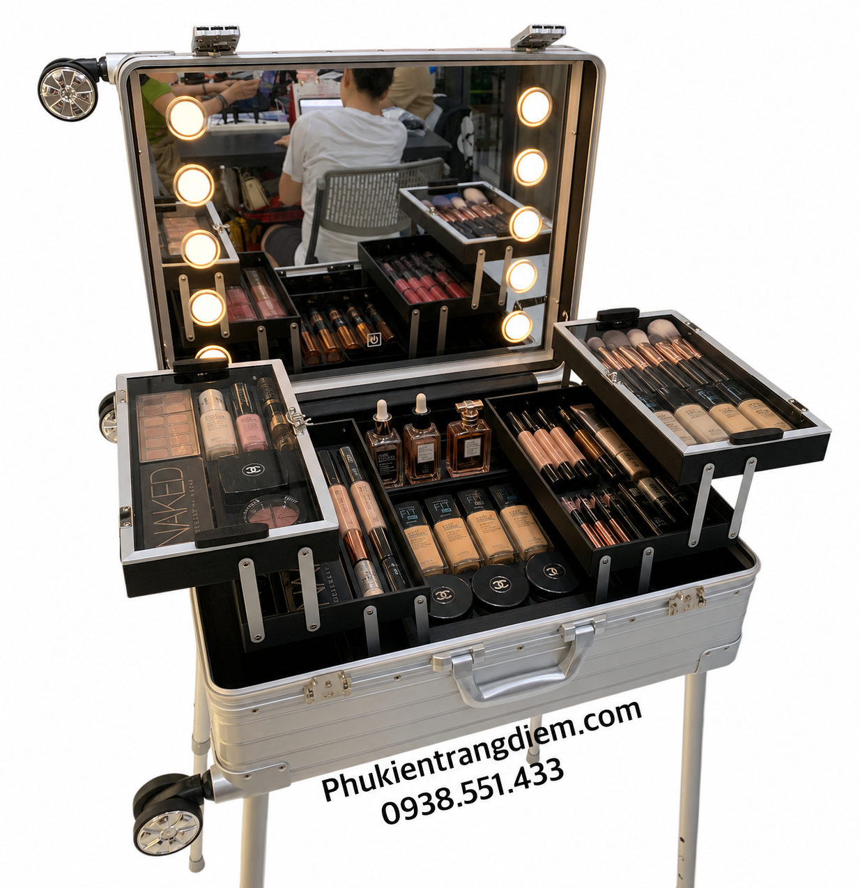 Cốp Đựng Dụng Cụ Makeup & Nail Chuyên Nghiệp Có Gương Đèn LED, Bánh Xe Kéo