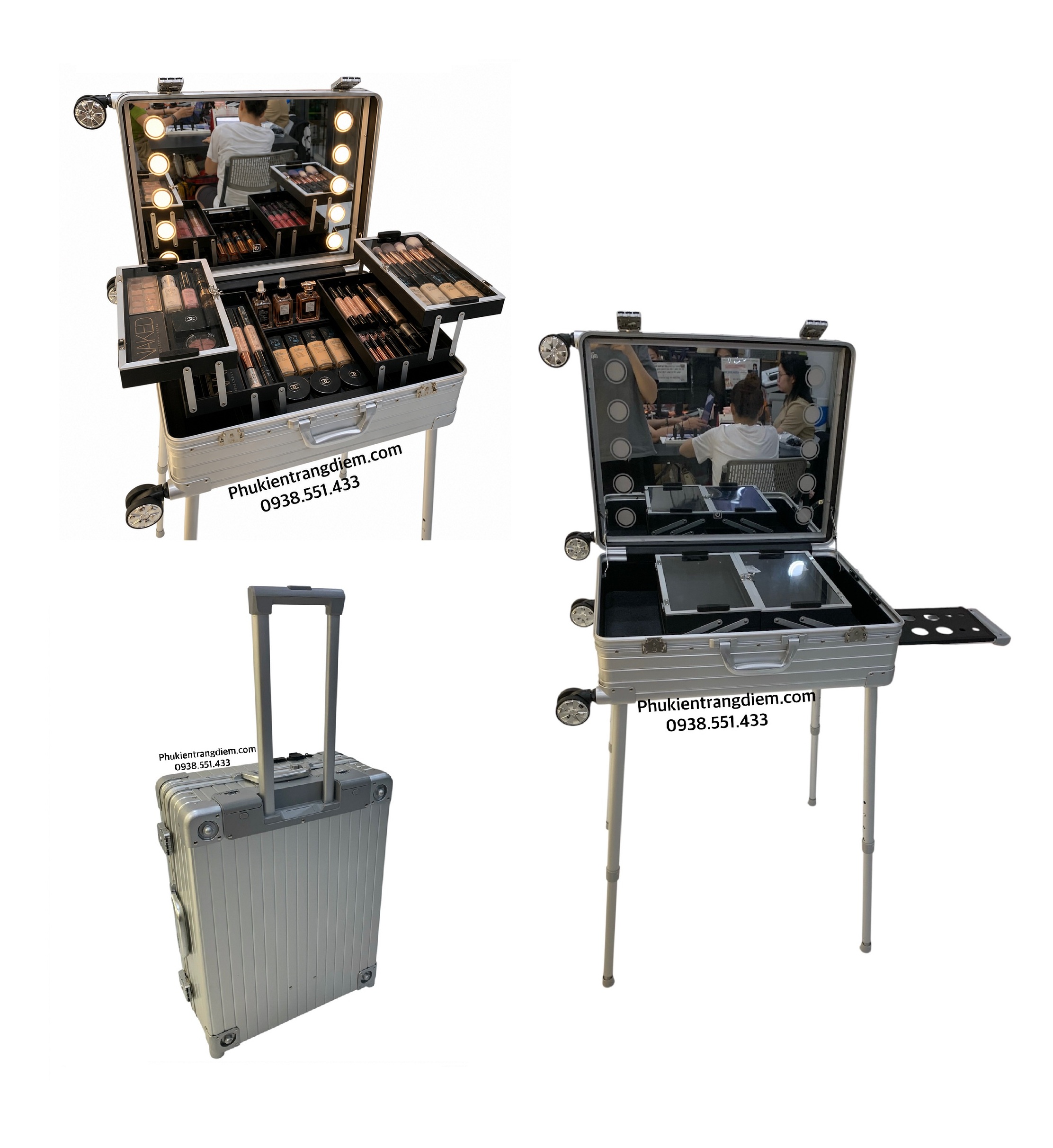 Cốp Đựng Dụng Cụ Makeup & Nail Chuyên Nghiệp Có Gương Đèn LED, Bánh Xe Kéo