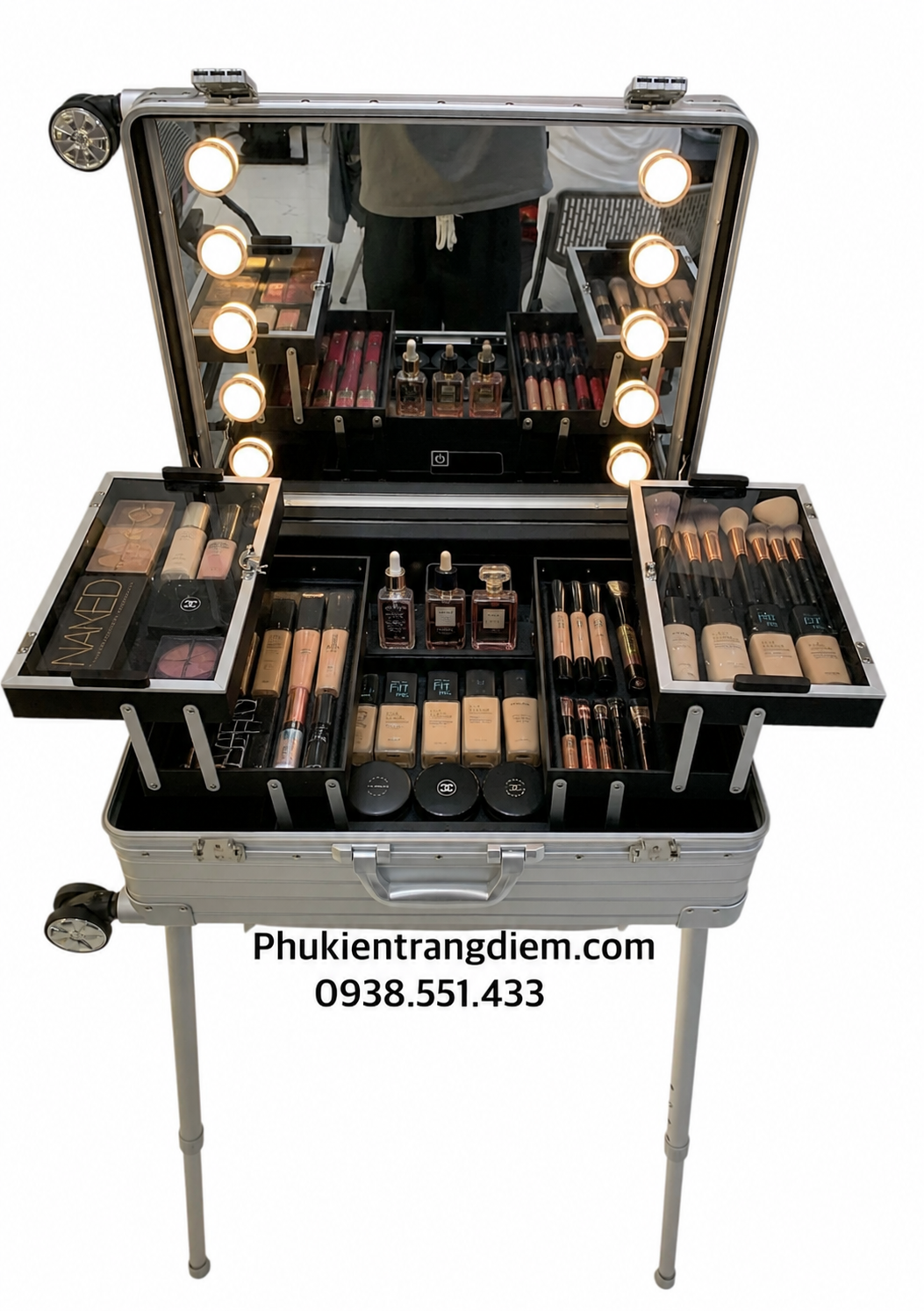 Cốp Đựng Dụng Cụ Makeup & Nail Chuyên Nghiệp Có Gương Đèn LED, Bánh Xe Kéo