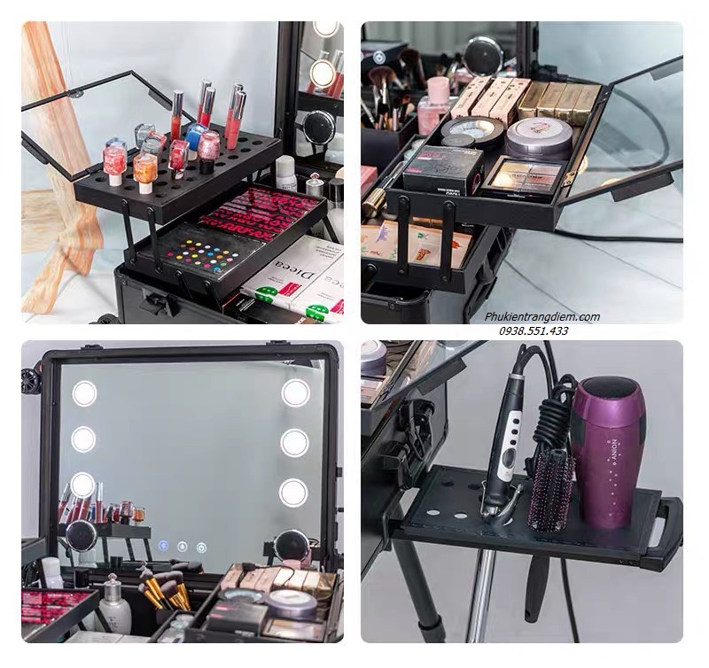 cốp thùng make up chuyên nghiệp có loa đèn gương và màn hình xem giờ