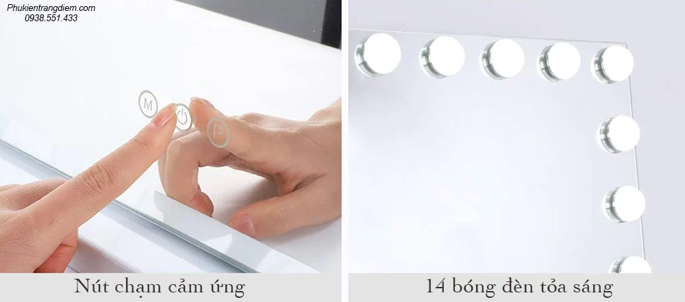 Gương đèn LED để bàn trang điểm hình chữ nhật cỡ lớn