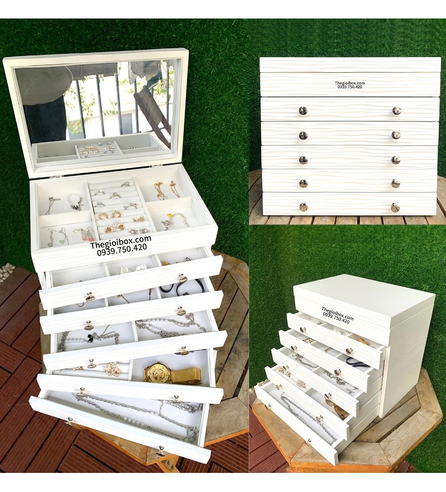 Hộp Đựng Nhẫn - Dây Chuyền - Bông Tai Trang Sức 6 Tầng Vỏ Gỗ Màu Trắng