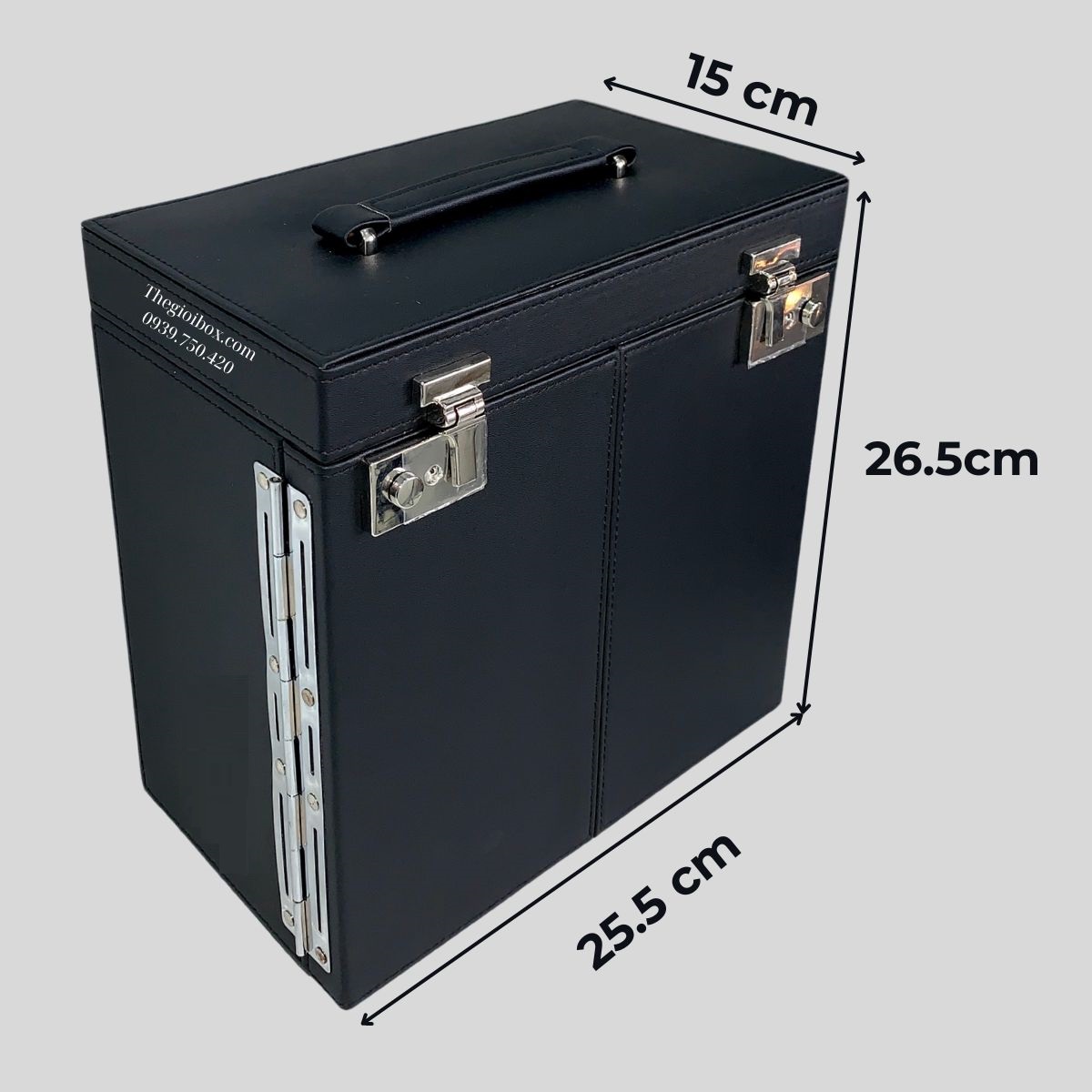 hộp đựng trang sức có ngăn treo dây chuyền 2 cánh cửa mở nhiều tầng có gương soi cao cấp màu đen