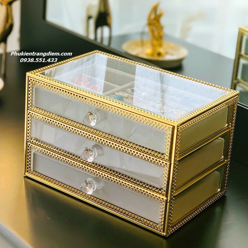 hộp để trang sức phụ kiện nữ trang vàng golden 3 tầng trong suốt