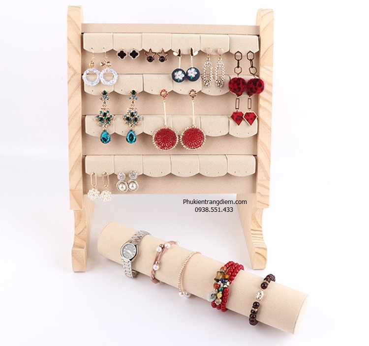 giá kệ treo phụ kiện trang sức (bông tai, dây chuyền, đồng hồ) bằng gỗ nỉ nhung cao cấp xinh xắn