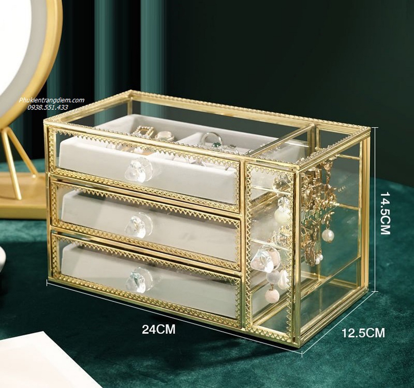 hộp đựng trang sức phụ kiện 3 tầng mạ vàng kính trong suốt cao cấp