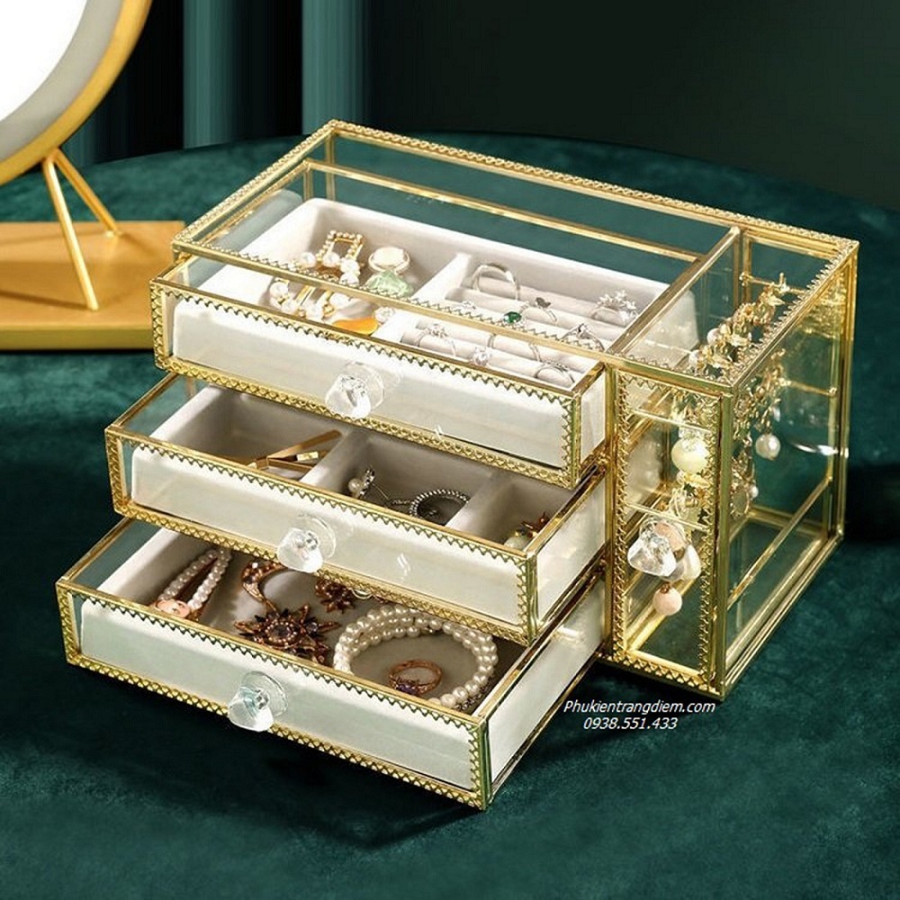 hộp đựng trang sức phụ kiện 3 tầng mạ vàng kính trong suốt cao cấp