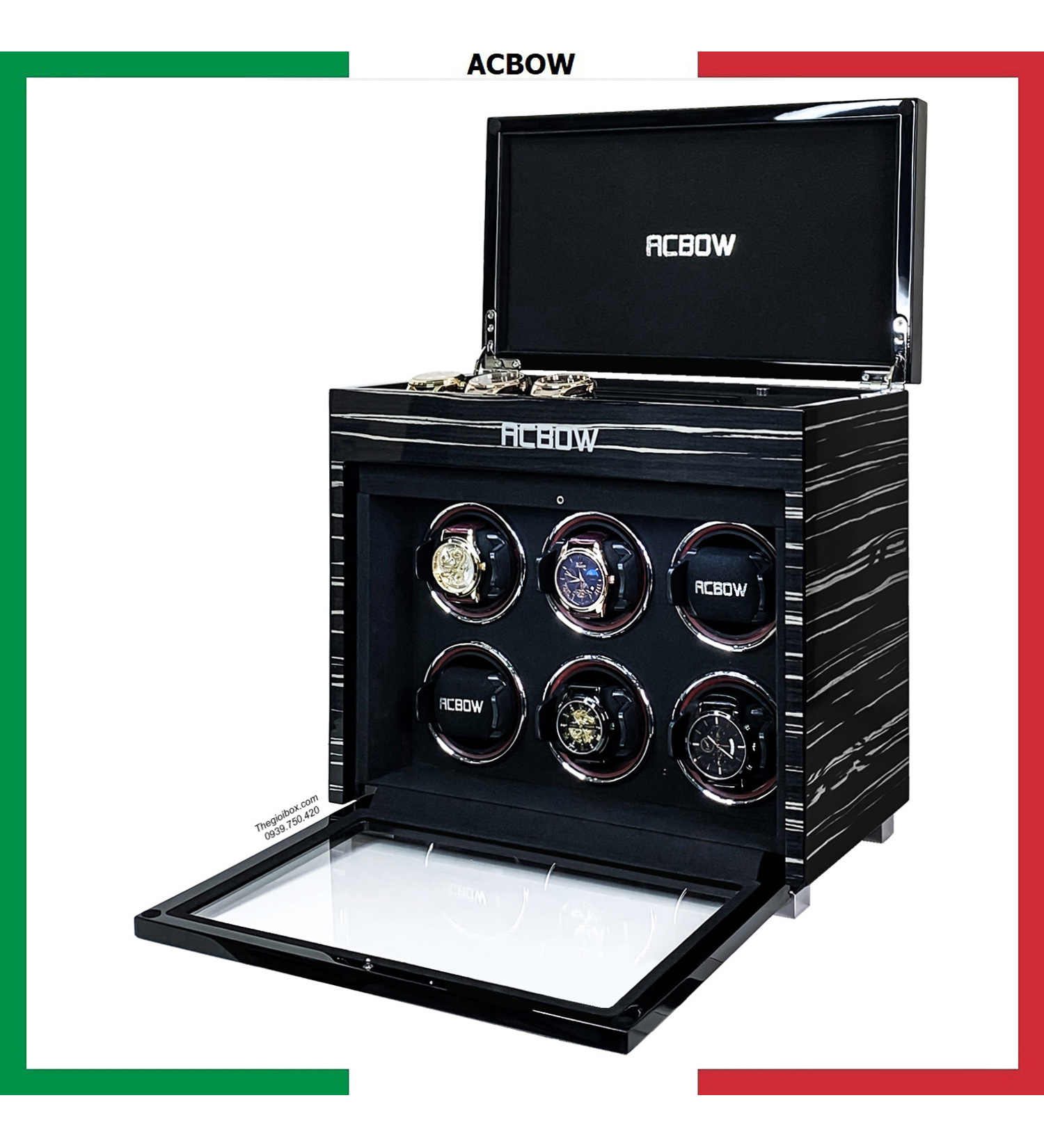 Tủ hộp đựng đồng hồ cơ ACBOW 6 xoay 6 tĩnh kèm remote - màn hình cảm ứng - LED cao cấp