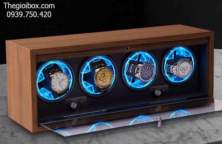 Hộp xoay đồng hồ cơ 4 ngăn vỏ gỗ có đèn LED