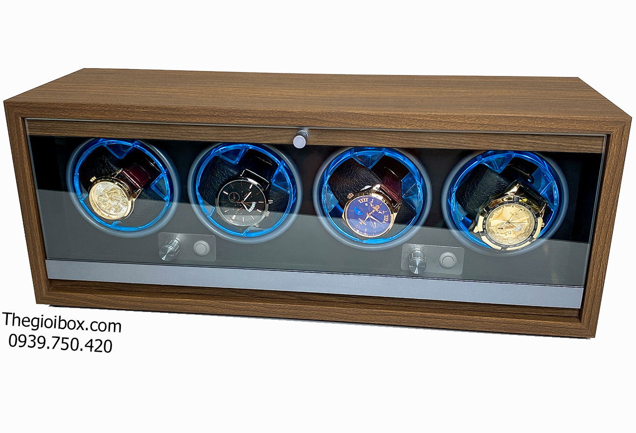 Hộp xoay đồng hồ cơ 4 ngăn vỏ gỗ có đèn LED