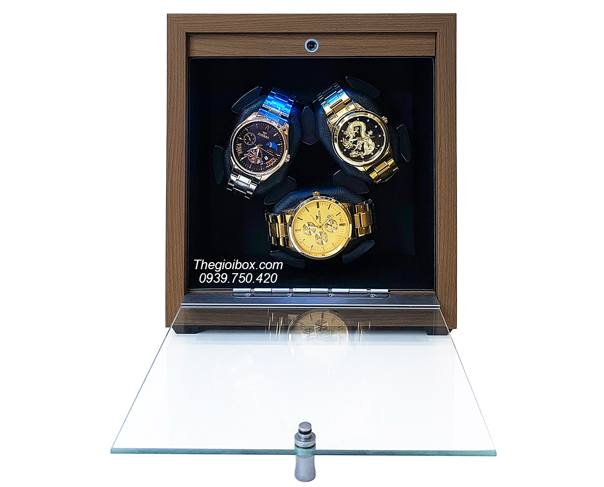 Tủ hộp xoay đồng hồ 3 ngăn trữ cót vỏ gỗ sần có đèn led nhỏ gọn giá rẻ 