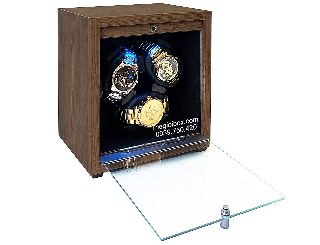 Tủ hộp xoay đồng hồ 3 ngăn trữ cót vỏ gỗ sần có đèn led nhỏ gọn giá rẻ 