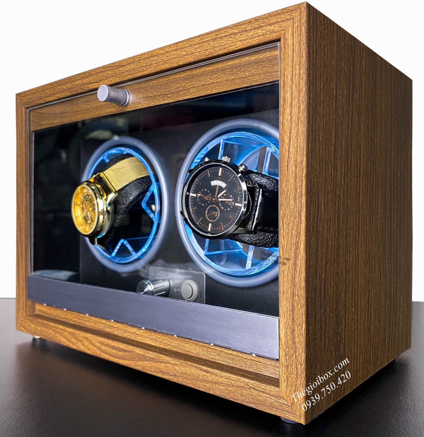 Tủ xoay đồng hồ cơ 2 ngăn cửa kính + vỏ gỗ sần + đèn LED.