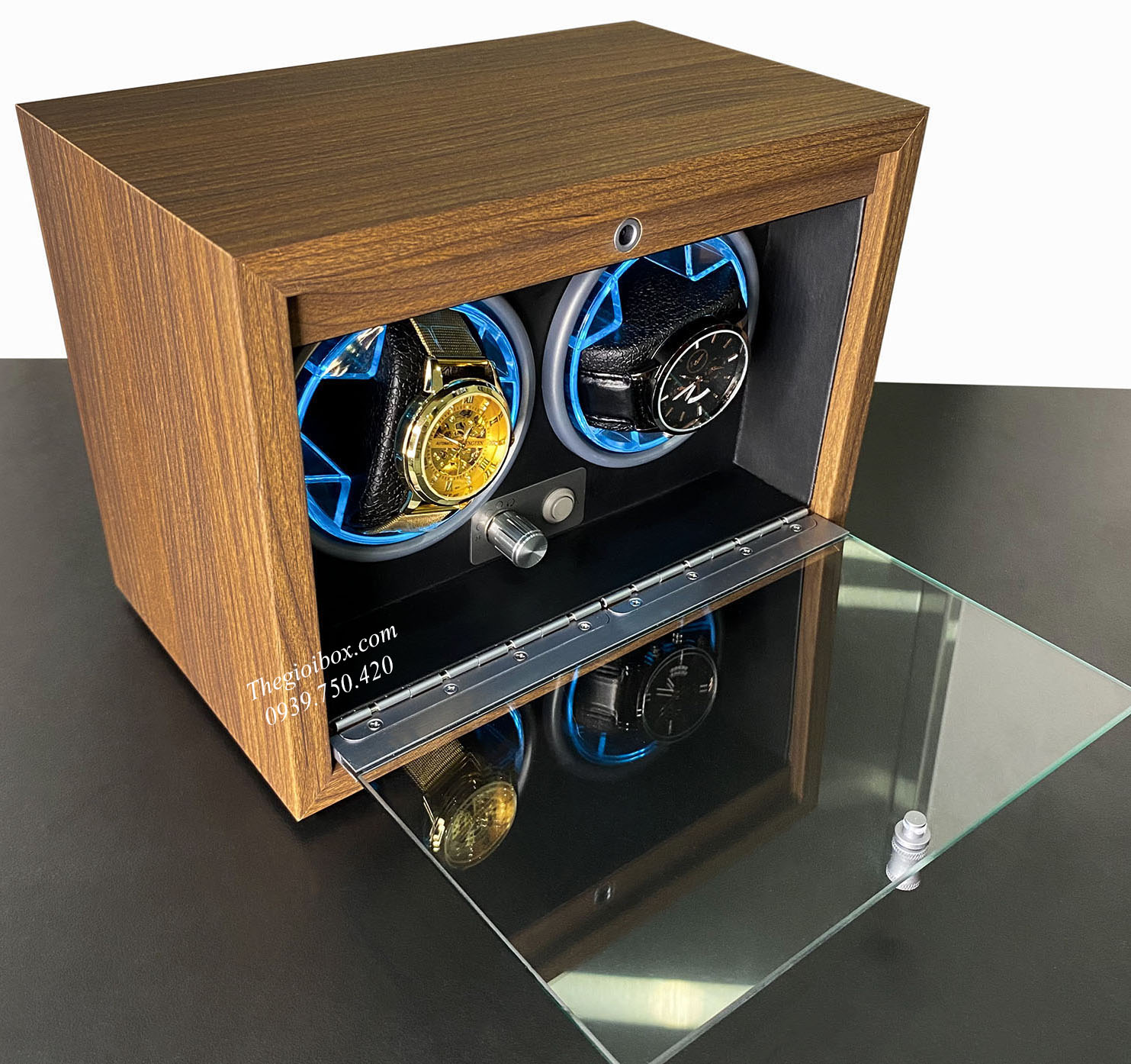 Tủ xoay đồng hồ cơ 2 ngăn cửa kính + vỏ gỗ sần + đèn LED.