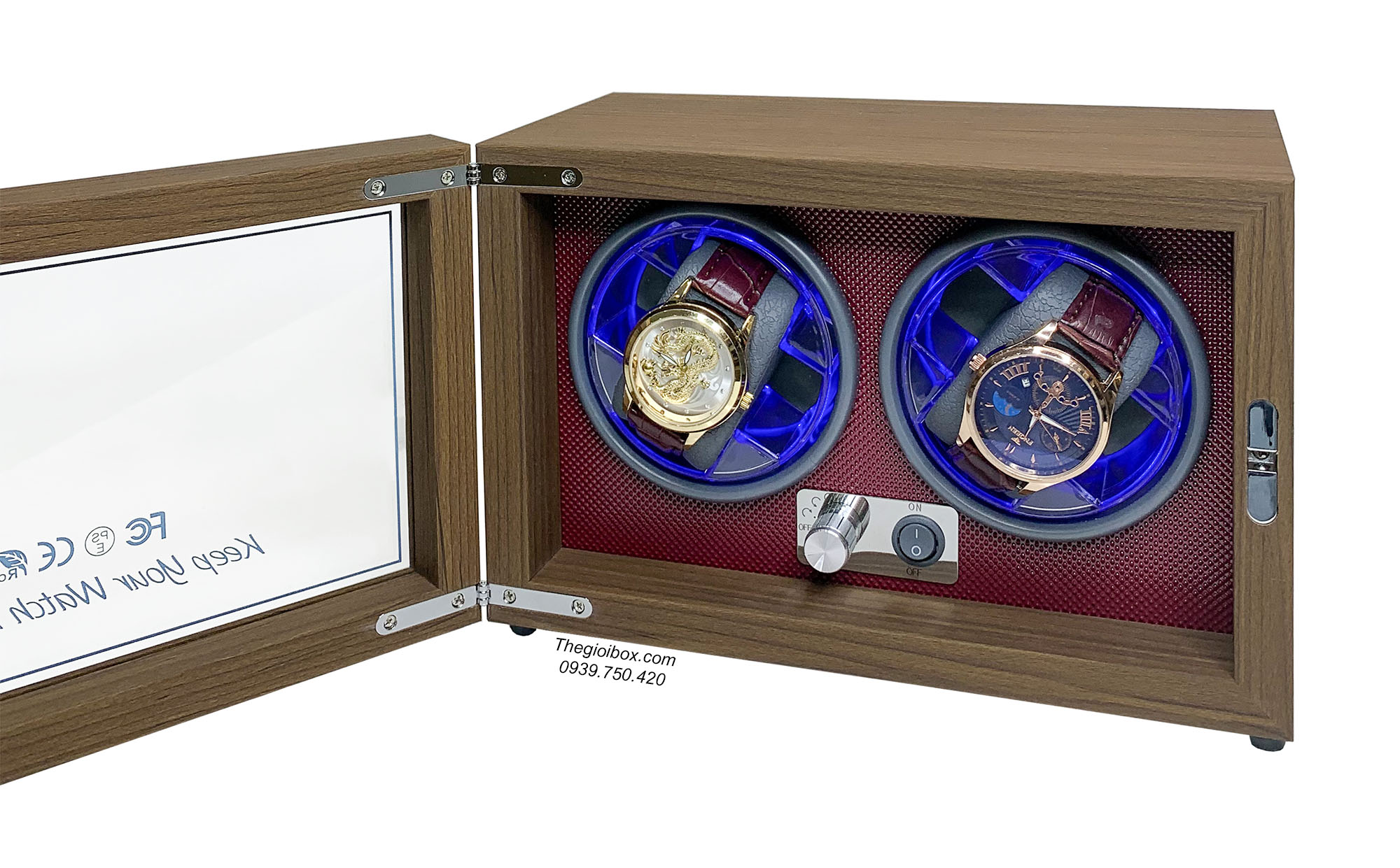 Tủ xoay đồng hồ cơ 2 ngăn vỏ gỗ sần + nội thất nhựa cứng vân kim cương đỏ có đèn LED