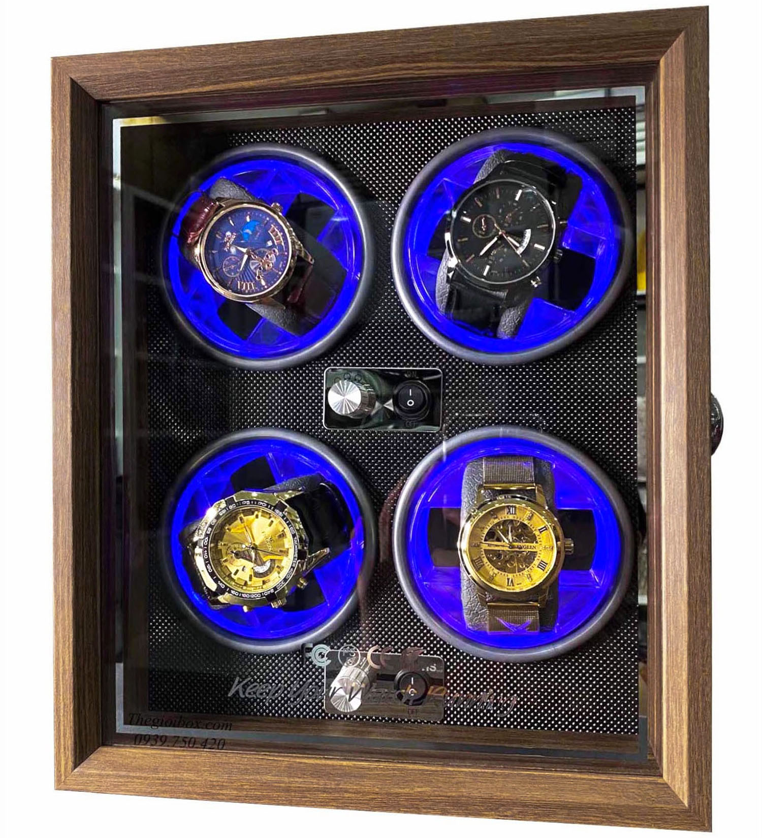 Tủ-Hộp đồng hồ cơ 4 ngăn xoay - ngoại thất vỏ gỗ sần + nội thất nhựa cứng vân kim cương - giá rẻ - có đèn LED