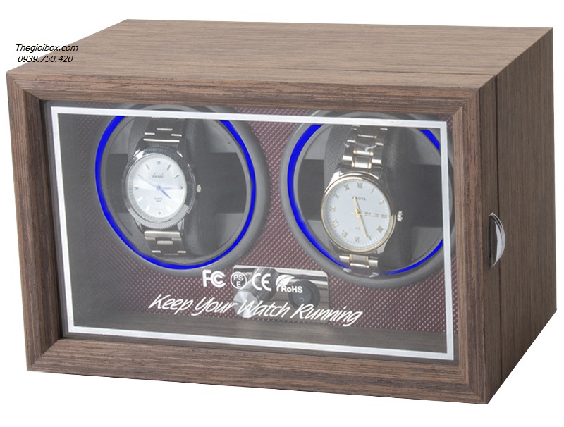 Tủ xoay đồng hồ cơ 2 ngăn vỏ gỗ sần + nội thất nhựa cứng vân kim cương đen có đèn LED