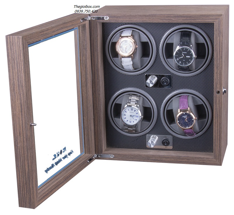 Tủ-Hộp đồng hồ cơ 4 ngăn xoay - ngoại thất vỏ gỗ sần + nội thất nhựa cứng vân kim cương - giá rẻ - có đèn LED