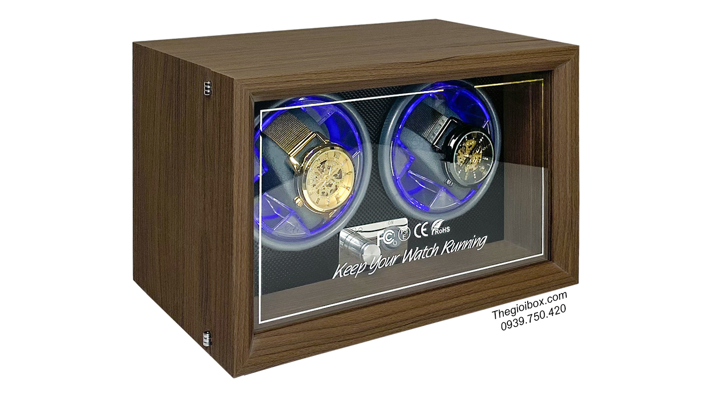 Tủ xoay đồng hồ cơ 2 ngăn vỏ gỗ sần + nội thất nhựa cứng vân kim cương đen có đèn LED