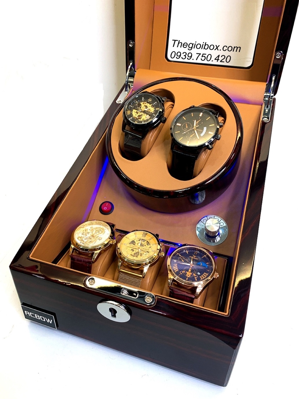 hộp xoay 2 chiếc đồng hồ cơ sang trọng cao cấp acbow chính hãng nâu vân gỗ lót da pu