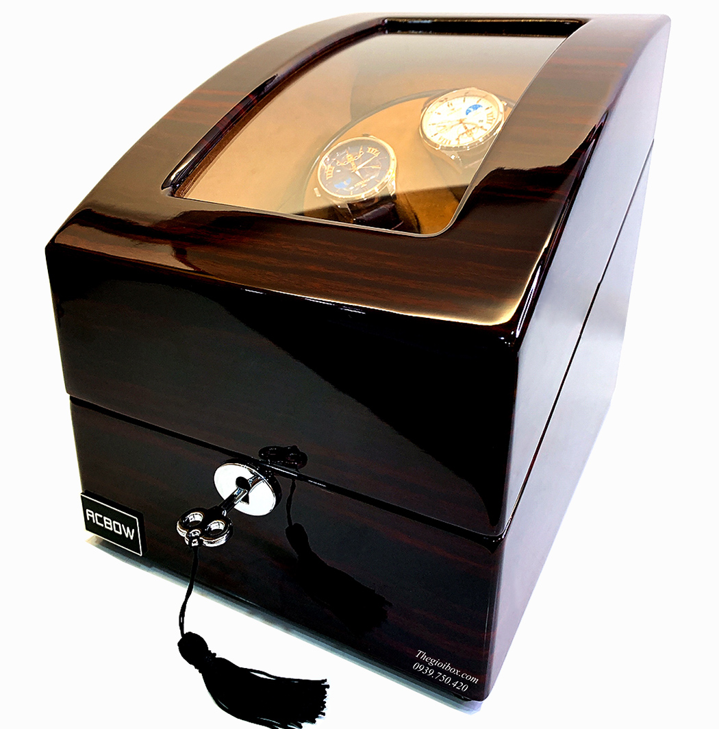 Tủ-Hộp đựng đồng hồ cơ 2 xoay + 3 tĩnh vỏ gỗ nâu + lót nỉ nhung nâu ACBOW cao cấp + đèn LED