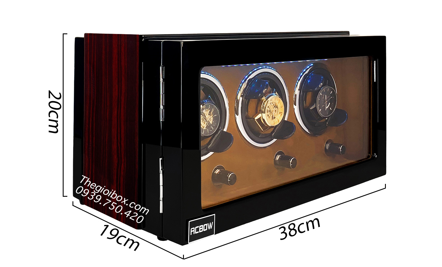 Hộp Tủ xoay đồng hồ cơ ACBOW 3 ngăn vỏ gỗ nội thất nhung nâu có đèn LED và khóa tủ cao cấp