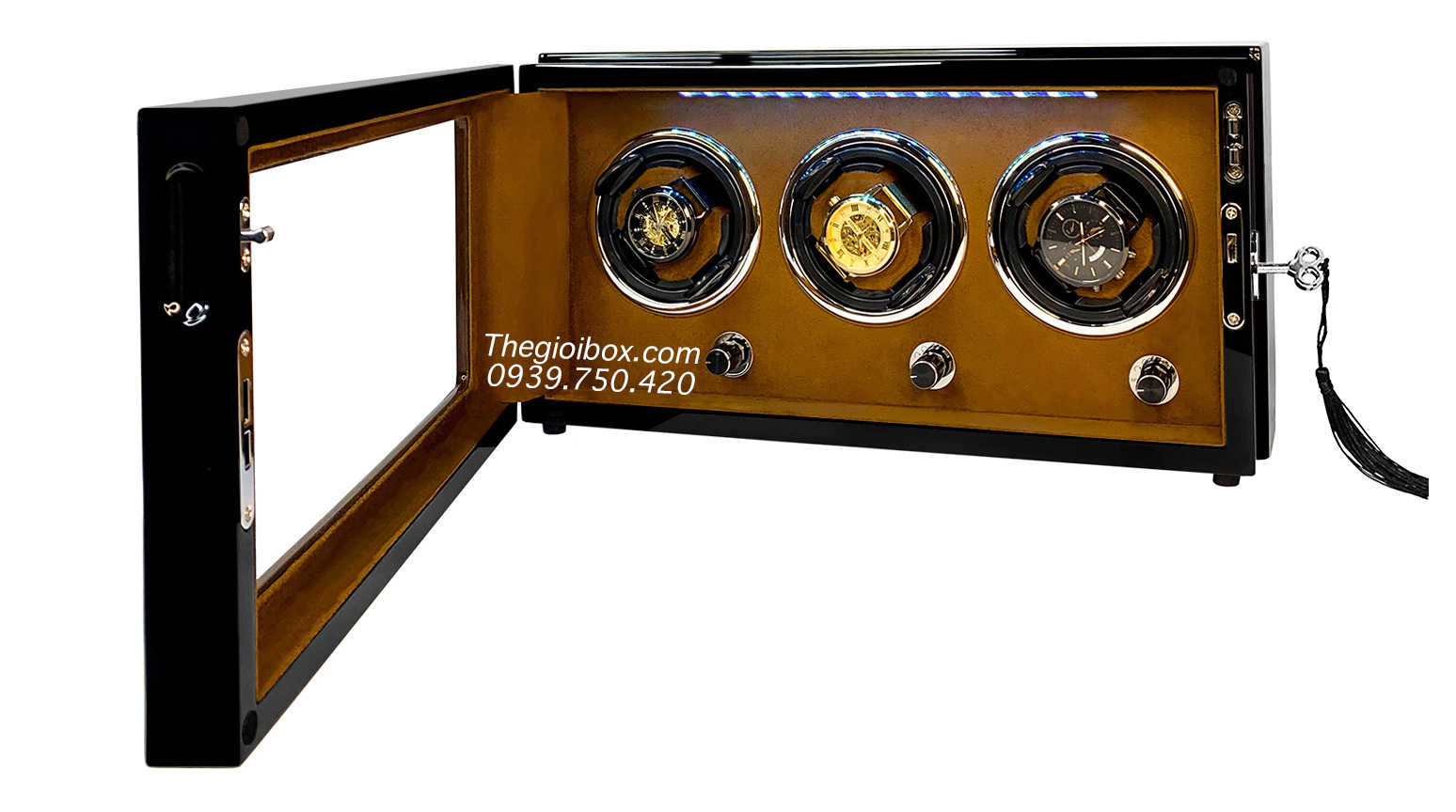 Hộp Tủ xoay đồng hồ cơ ACBOW 3 ngăn vỏ gỗ nội thất nhung nâu có đèn LED và khóa tủ cao cấp
