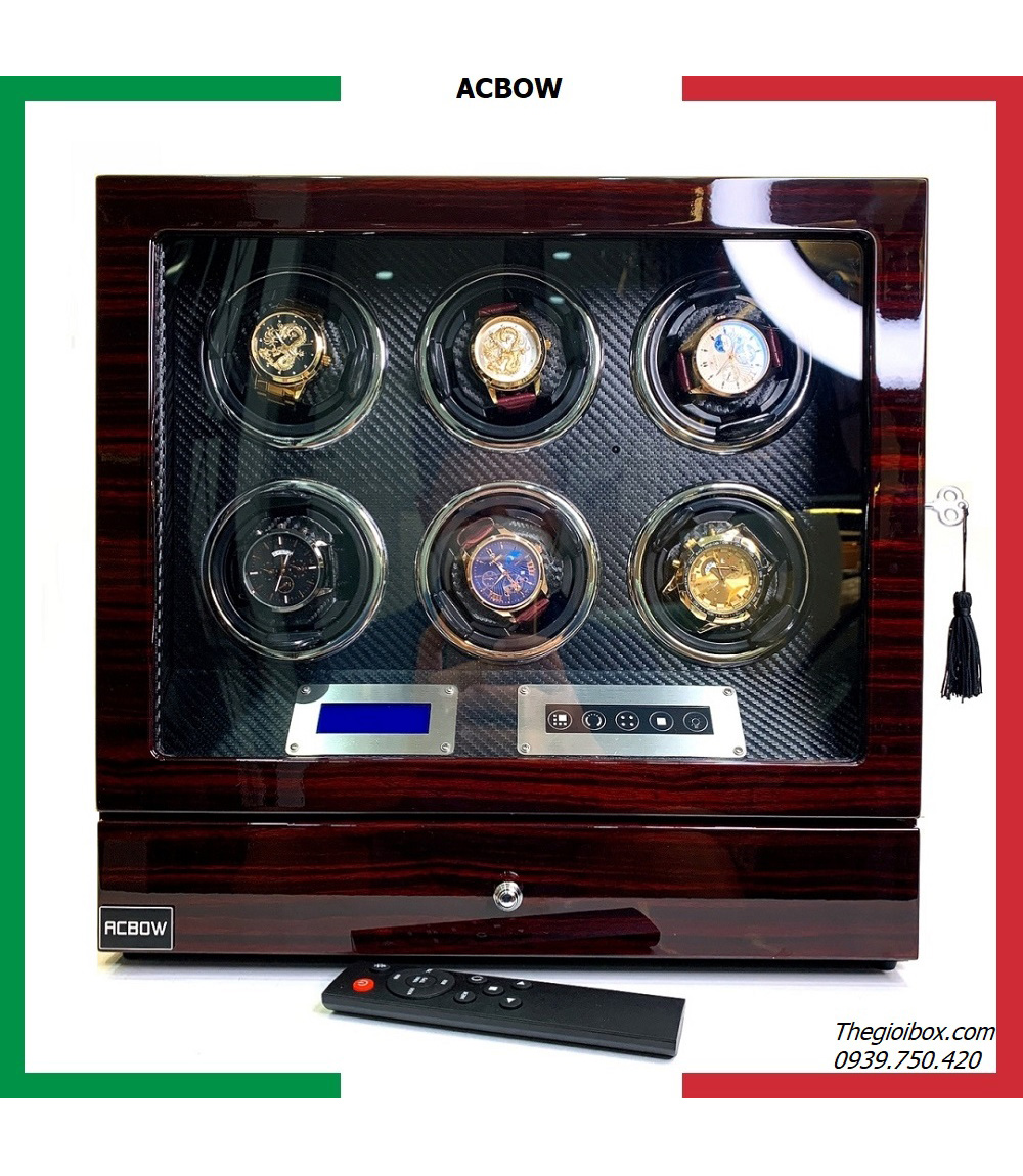 Tủ xoay đồng hồ cơ ACBOW 6 ngăn có ngăn kéo + màn hình cảm ứng + remote + đèn LED nội thất da cacbon.
