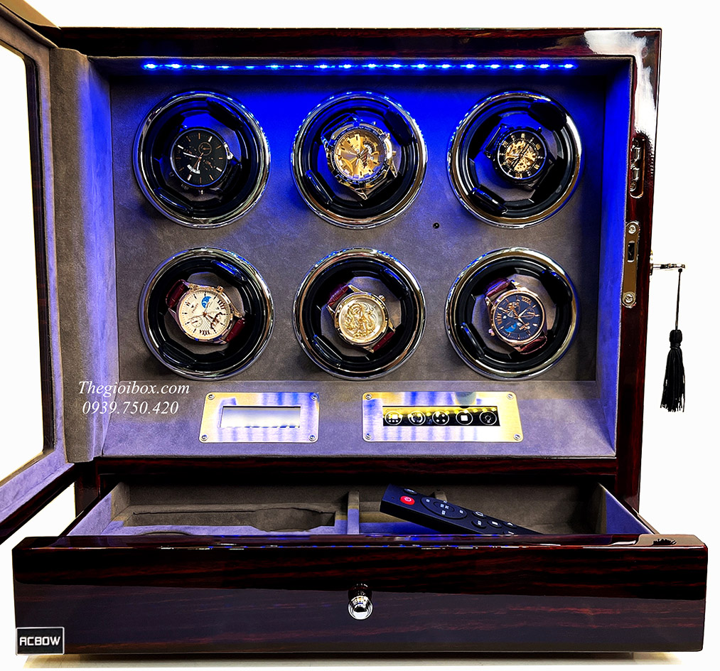 Tủ xoay đồng hồ cơ ACBOW 6 ngăn có remote + màn hình cảm ứng + ngăn kéo + đèn LED nội thất nhung xám