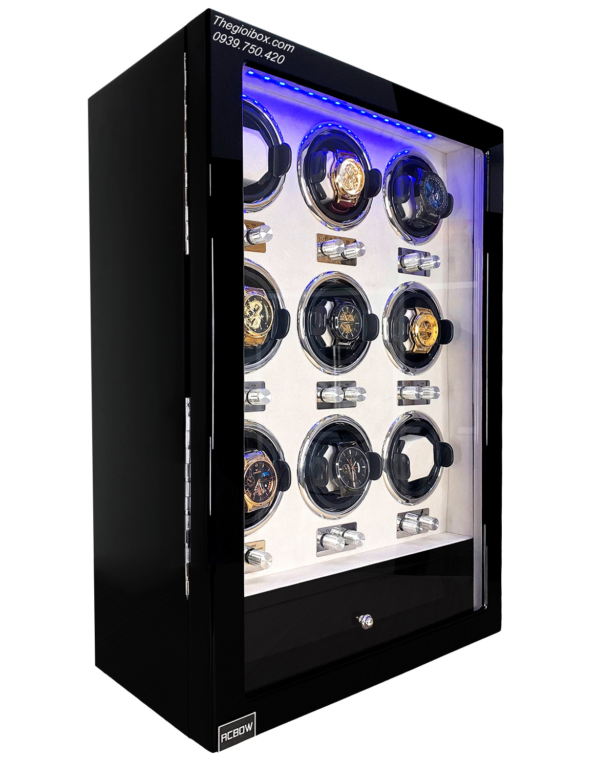 Tủ xoay trưng bày đồng hồ tự động Acbow cao cấp có ngăn kéo (9 xoay + 6 cố định) có đèn LED và khóa