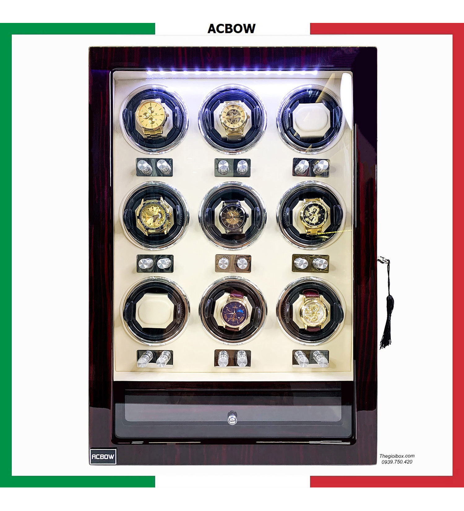 Tủ xoay đồng hồ cơ ACBOW cao cấp - 9 xoay + 6 tĩnh - LED - Ổ khóa - Giá rẻ