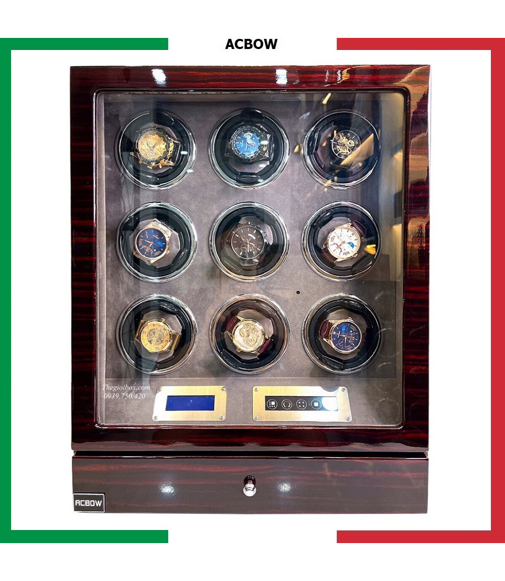 Tủ đồng hồ cơ ACBOW 9 ngăn xoay có remote + màn hình cảm ứng + ngăn kéo + đèn led nội thất nỉ nhung