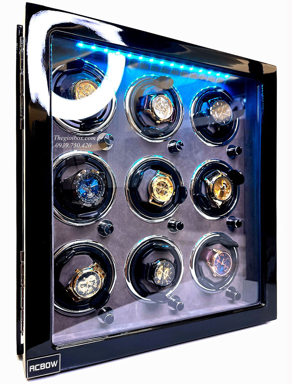 Tủ xoay đồng hồ cơ ACBOW 9 ngăn ổ khoá vân tay + đèn led.