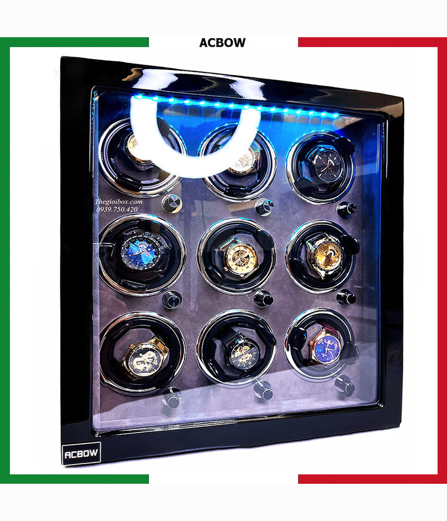 Tủ xoay đồng hồ cơ ACBOW 9 ngăn ổ khoá vân tay + đèn led.
