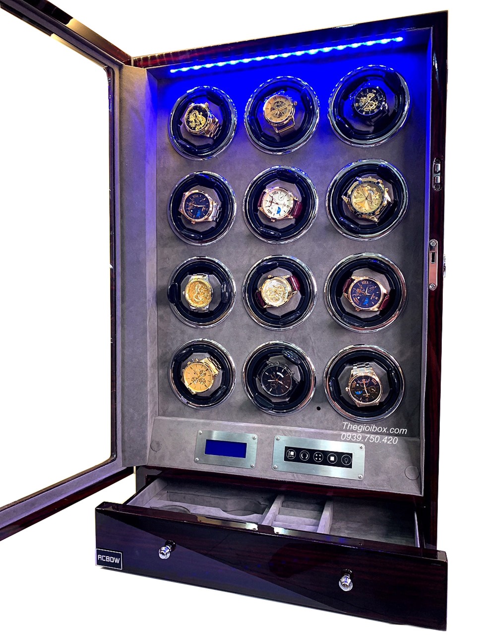 Tủ xoay đựng đồng hồ cơ 12 ngăn có remote + màn hình cảm ứng + ngăn kéo + đèn LED nội thất nhung xám