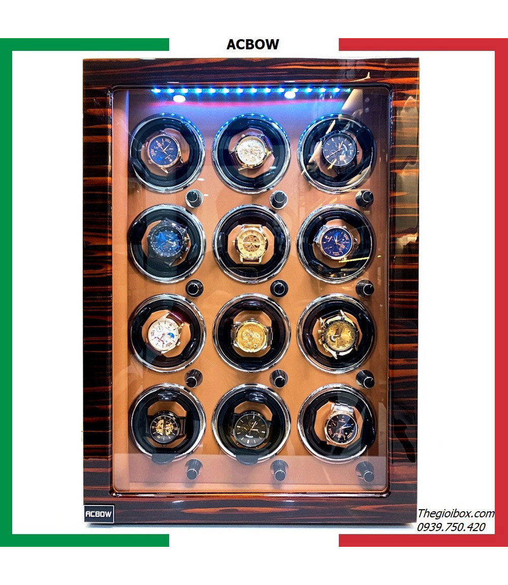 Tủ đồng hồ cơ ACBOW 12 ngăn mở khóa vân tay + điều khiển LED nội thất da sang trọng