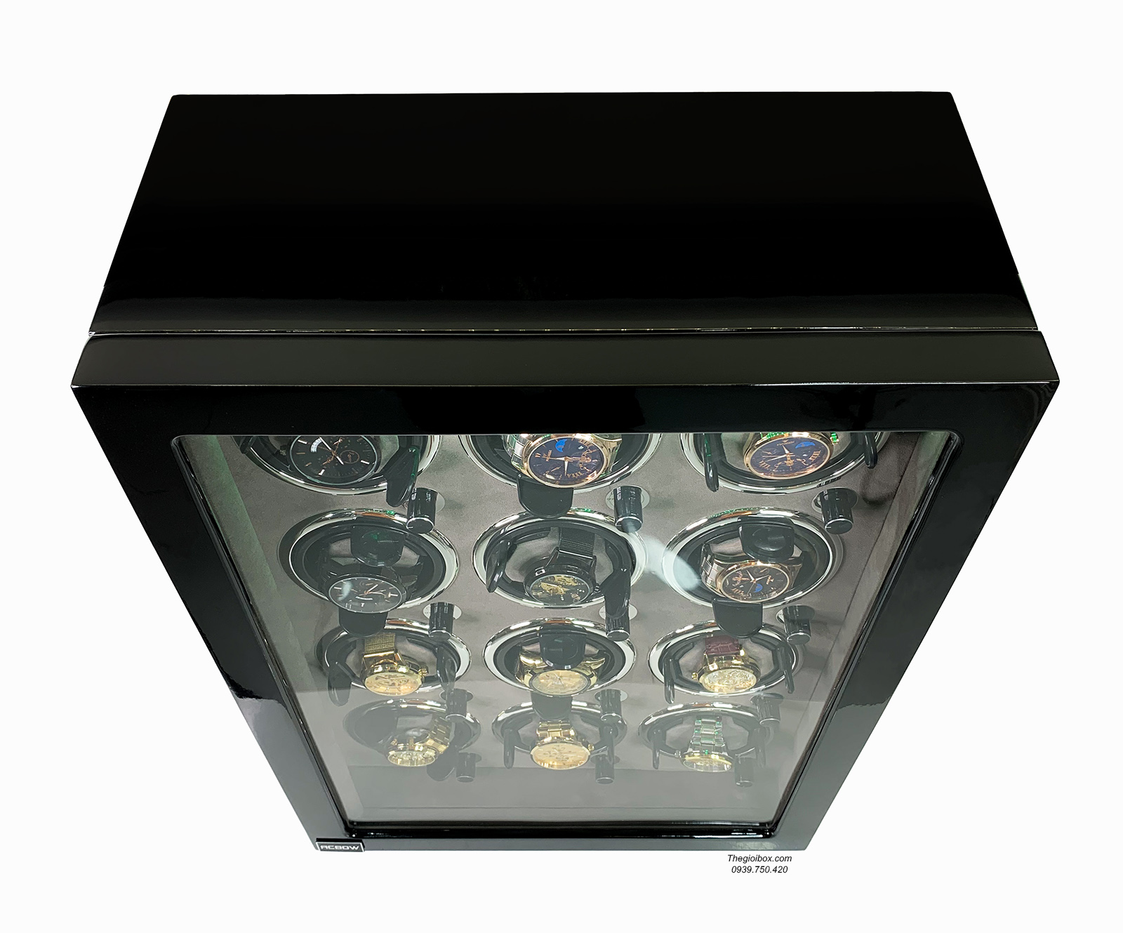 Tủ xoay đồng hồ cơ ACBOW cao cấp - 12 ổ xoay - nội thất nhung xám - vỏ gỗ đen - khóa vân tay - đèn led giá rẻ