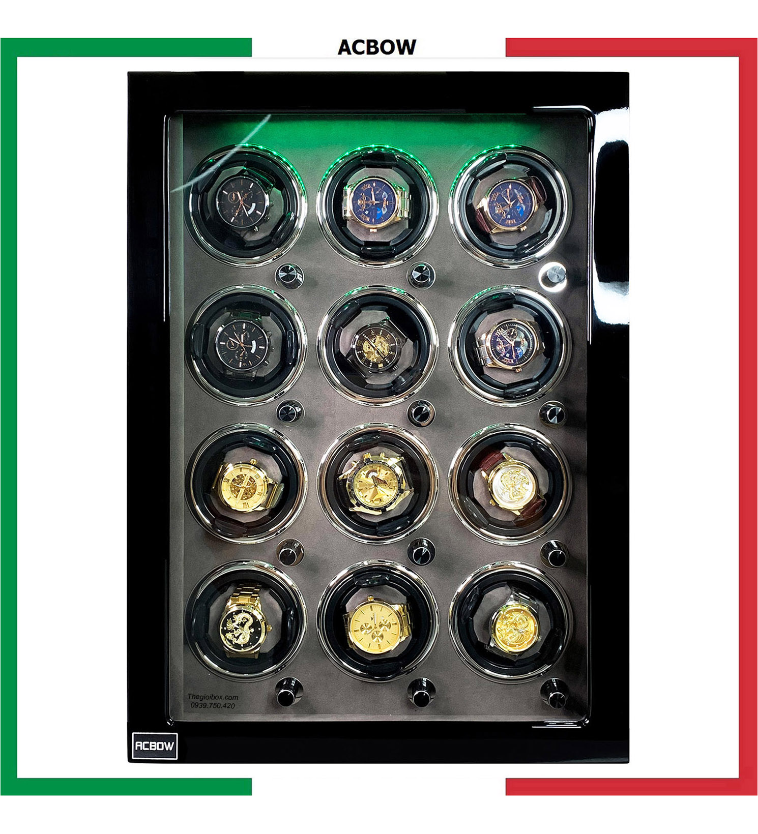 Tủ xoay đồng hồ cơ ACBOW cao cấp - 12 ổ xoay - nội thất nhung xám - vỏ gỗ đen - khóa vân tay - đèn led giá rẻ