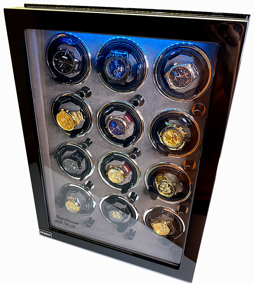 Tủ xoay đồng hồ ACBOW cao cấp - 12 ngăn xoay - KHÓA VÂN TAY - nội thất nhung xám - LED - giá rẻ