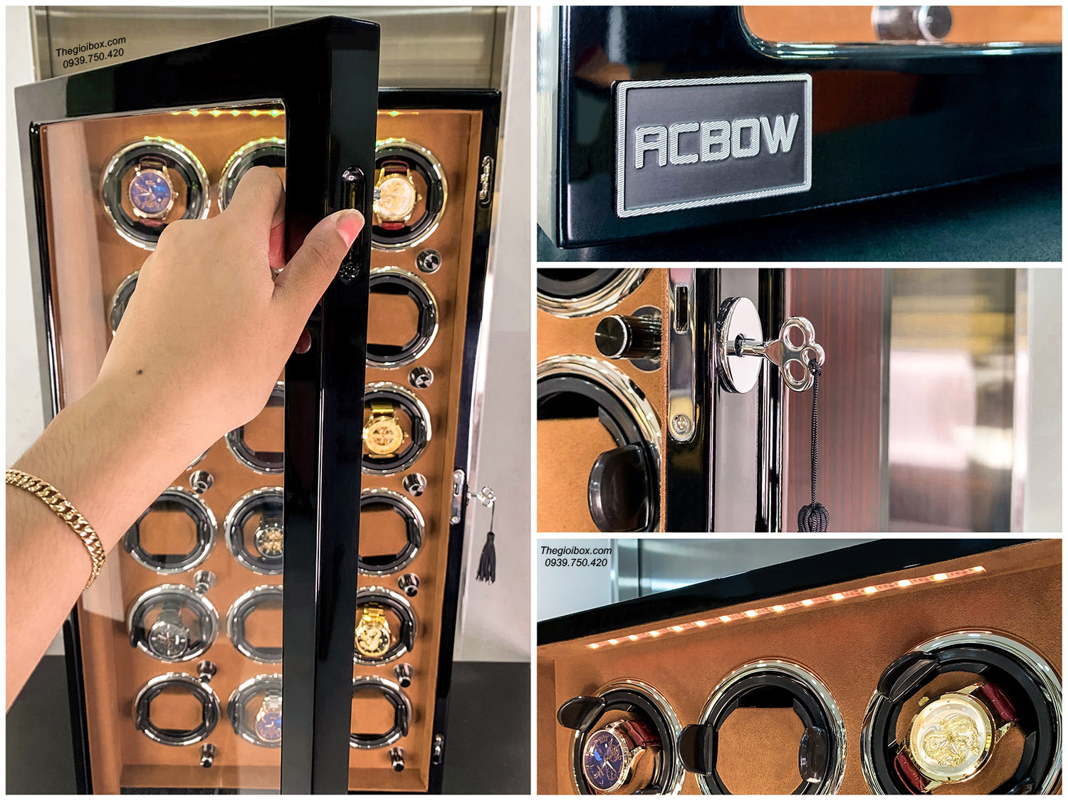Hộp đồng hồ cơ ACBOW 18 ngăn xoay nội thất nhung nâu + LED + khóa an toàn
