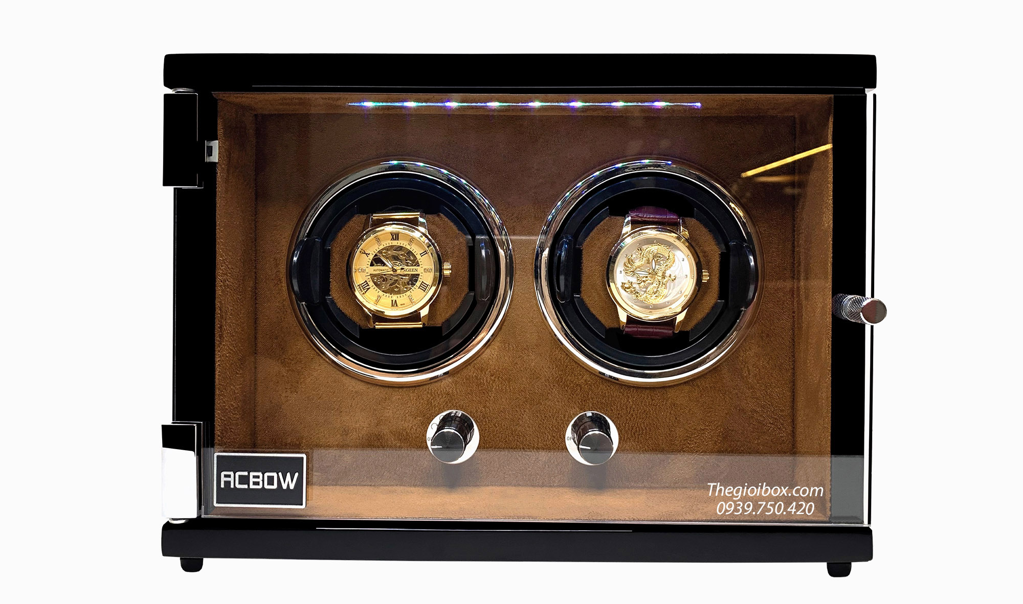 Tủ xoay đồng hồ tự động ACBOW 2 ngăn xoay vỏ gỗ - nội thất nhung nâu - đèn LED