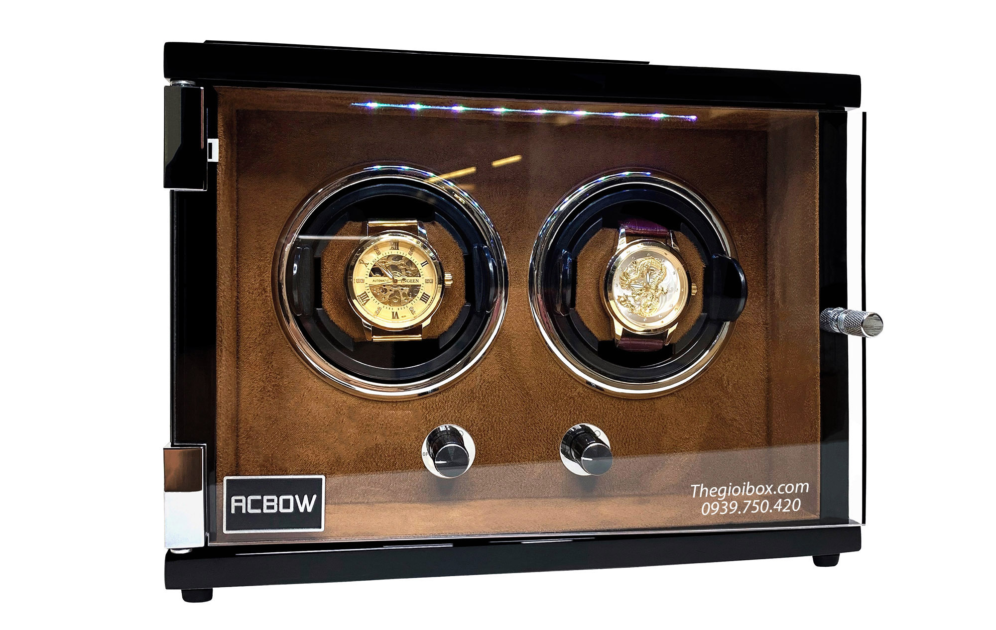 Tủ xoay đồng hồ tự động ACBOW 2 ngăn xoay vỏ gỗ - nội thất nhung nâu - đèn LED