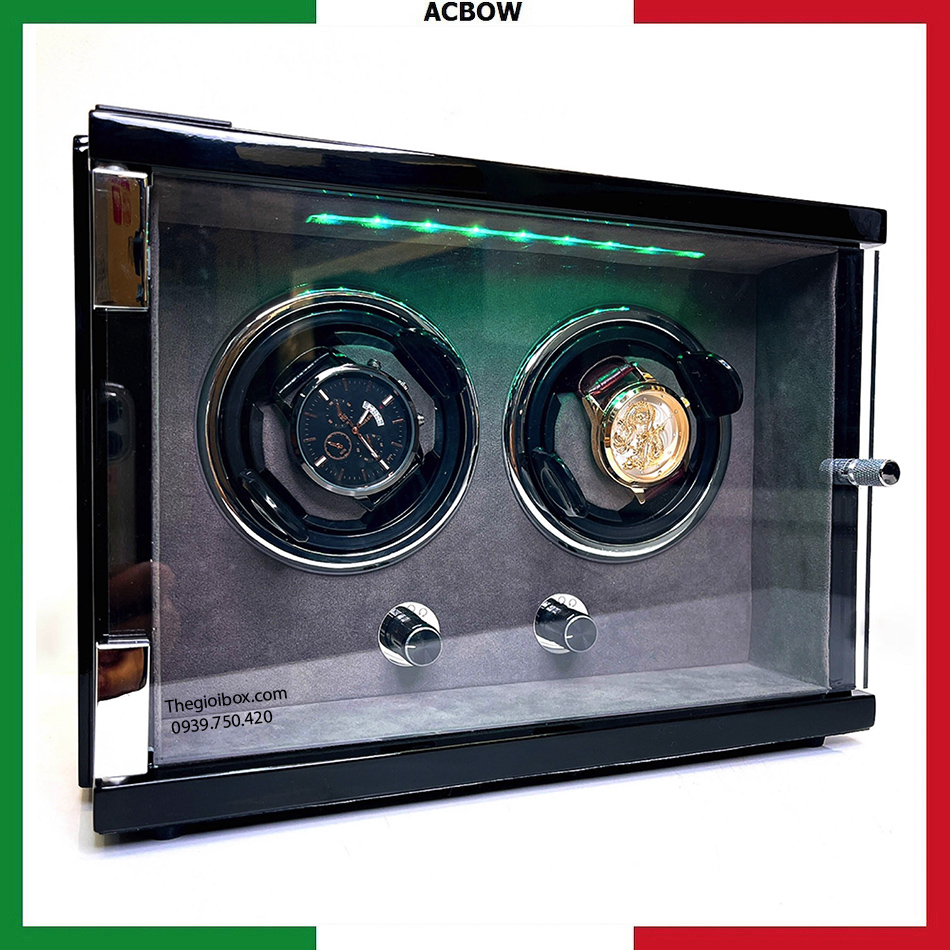 Tủ-Hộp đồng hồ cơ 2 ngăn xoay ACBOW vỏ gỗ + nội thất nỉ nhung xám + đèn LED - hàng chính hãng cao cấp