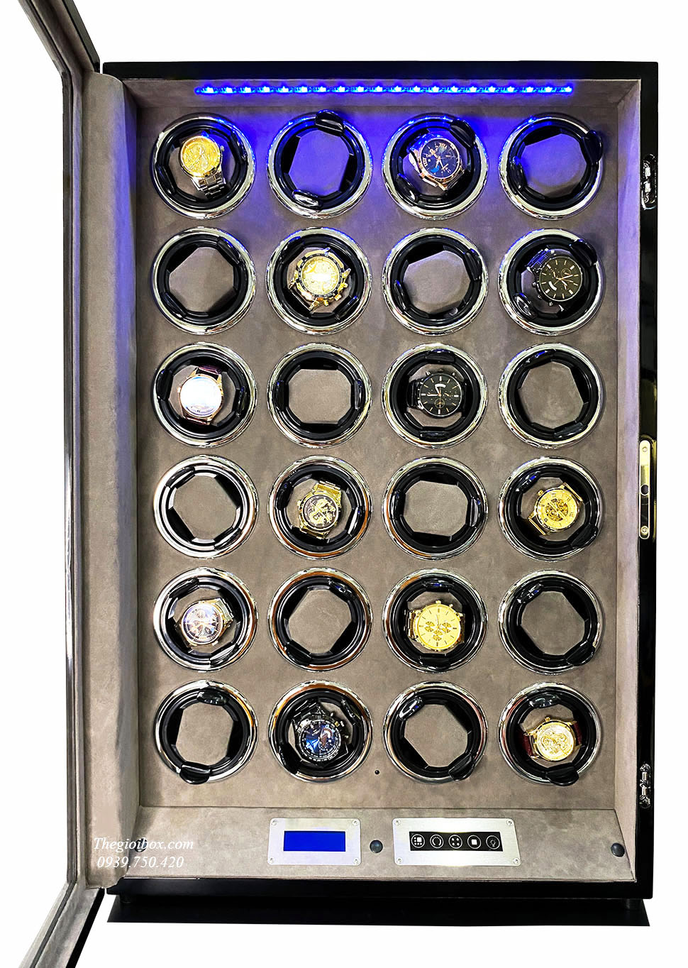 Tủ đựng đồng hồ cơ ACBOW 24 ngăn xoay chính hãng khóa vân tay + LED + remote + màn hình cảm ứng lót nỉ nhung