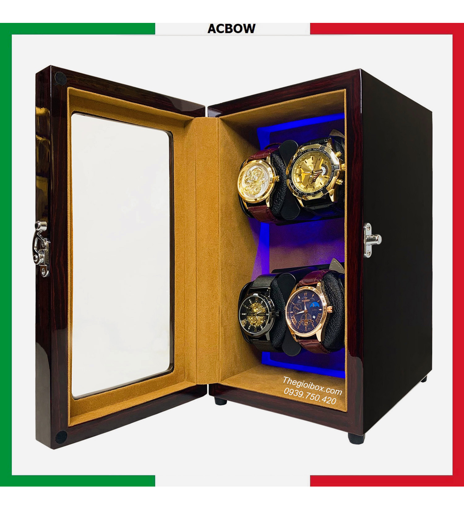Tủ xoay đồng hồ 4 ngăn tự động nạp cót ACBOW cao cấp vỏ gỗ lót nhung đèn LED giá rẻ